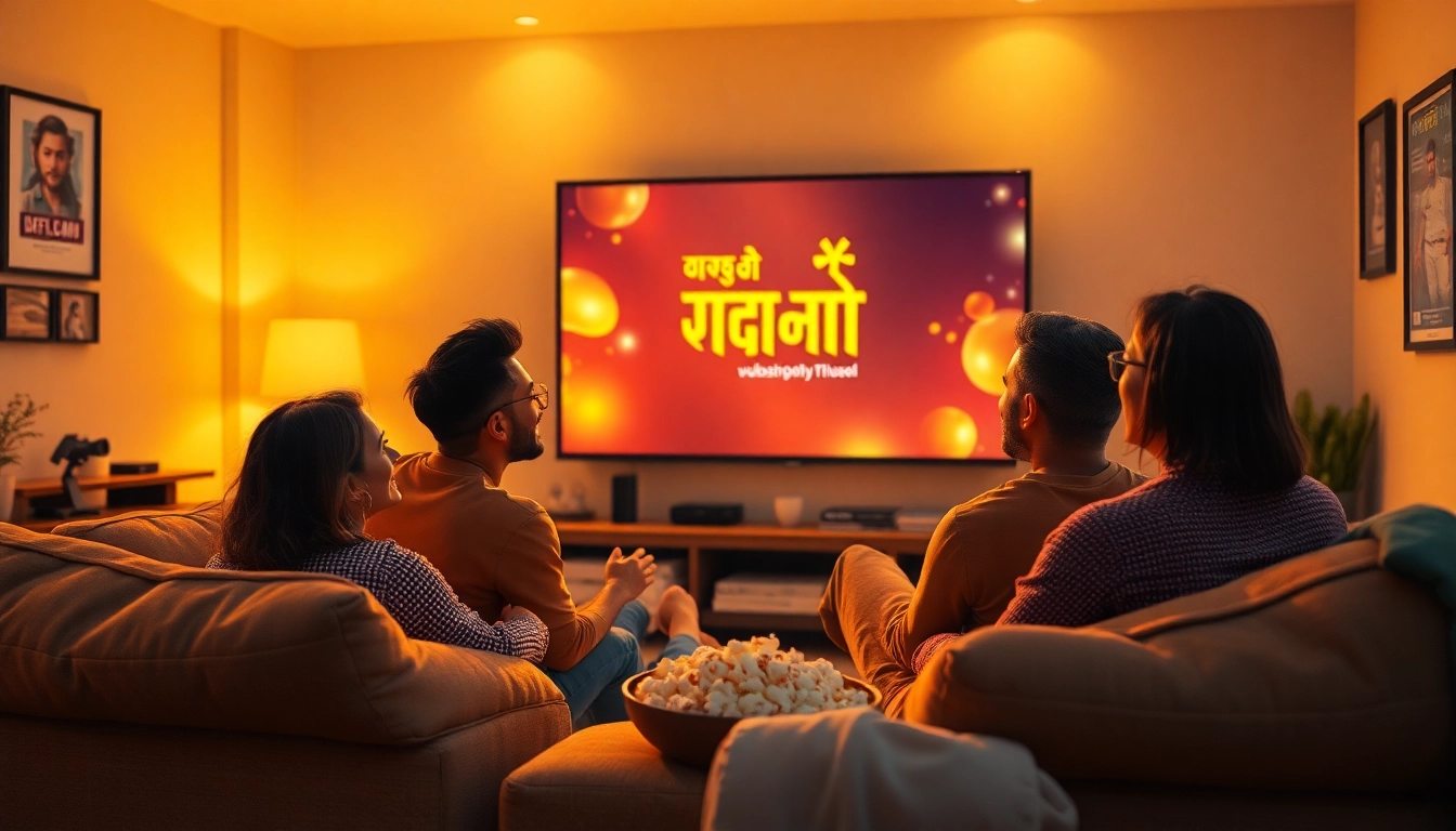 Family enjoying movies with اشتراك فاصل بلس on screen in a cozy living room.